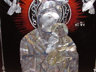 Panel madera mosaico nácar Virgen niño Jesús 70 ́s