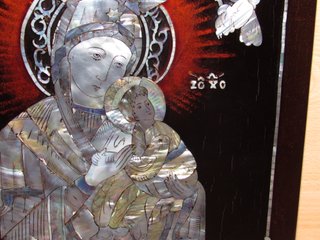 Panel madera mosaico nácar Virgen niño Jesús 70 ́s