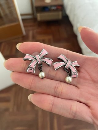 Pendientes Chanel Lazo Perla Rosa Plata