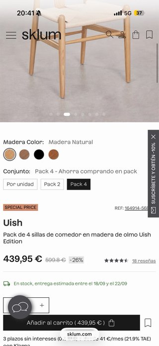 Mesa extensible y 4 Sillas Madera Sklum