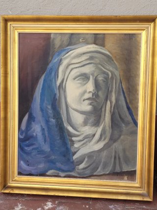 Cuadro antiguo busto mujer velo azul