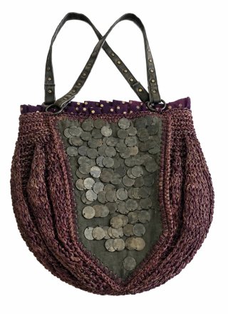 Bolso rafia forro lunares morado y plata