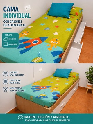 Cama individual con cajones y colchón