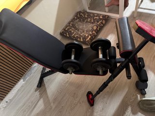 Banco de pesas plegable + 2 mancuernas 20kg-barra.
