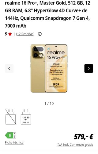 Realme 16 Pro+ 512GB Oro 12GB RAM a estrenar