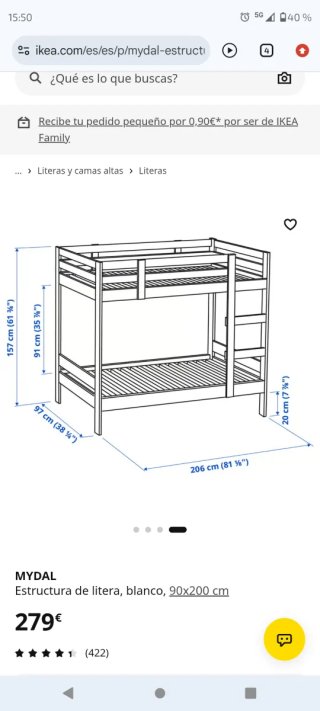 Litera 90x200 madera blanca Ikea