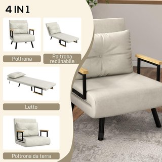 Poltrona Letto 4 in 1, Poltrona Pieghevole con Schienale Regolabile in 5 Posizioni, Divano Letto con Cuscino, Seduta Imbottitura, in Velluto per Casa e Ufficio, 63X73X81 Cm, Bianco Crema