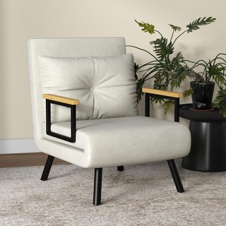Poltrona Letto 4 in 1, Poltrona Pieghevole con Schienale Regolabile in 5 Posizioni, Divano Letto con Cuscino, Seduta Imbottitura, in Velluto per Casa e Ufficio, 63X73X81 Cm, Bianco Crema