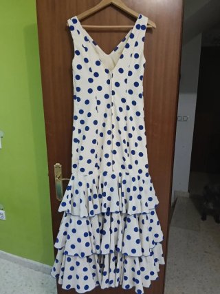 Traje Flamenca Lunares Azul y Blanco