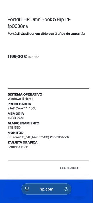 Portátil HP OmniBook 14”Táctil 16Gb 1Tb NUEVO