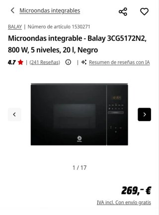 Microondas Balay 3CG5172N2 Integrable Negro