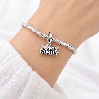 Charm plata Colgante I Love My Family Corazón Rosa