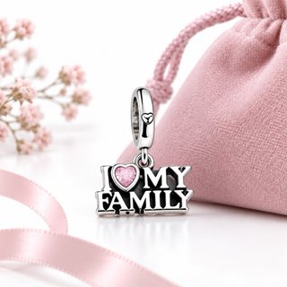 Charm plata Colgante I Love My Family Corazón Rosa