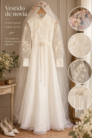 Vestido Novia Vintage 1970 Tocado Floral