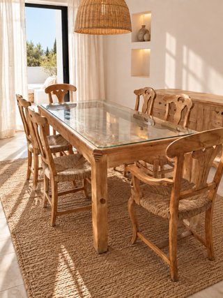 Mesa comedor madera y 6 sillas de enea