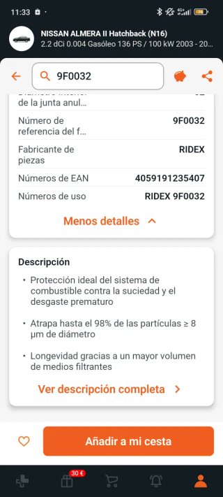 Filtro combustible Ridex 9F0032 Nissan Almera