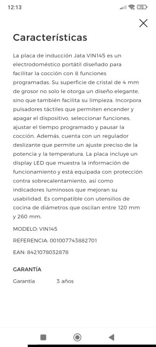 Placa inducción Jata VIN145 portátil