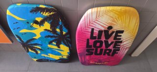 Tablas de playa con palmeras y surf