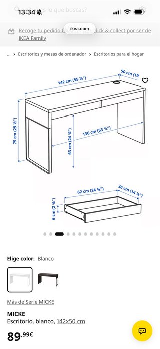 Escritorio Ikea MICKE Blanco 142x50 cm