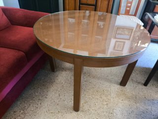 Mesa redonda extensible madera Ikea, cristal +tela