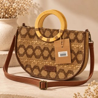 Bolso Rafia Beige Marrón Asa Madera