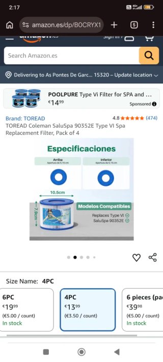Filtro Piscina y Spa TOREAD Tipo VI