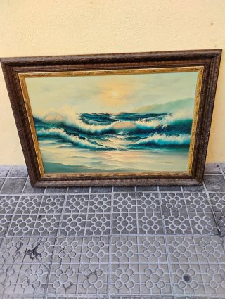 Cuadro antiguo oleo mar olas