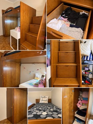Cama alta com escadas e arrumação