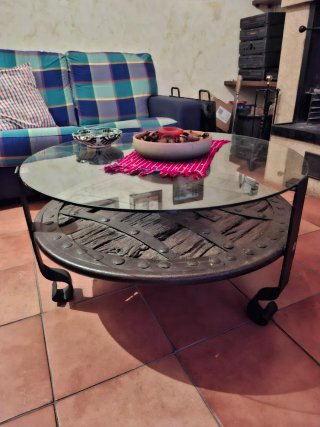 Mesa Rueda Molino Antigua Cristal Metal Madera
