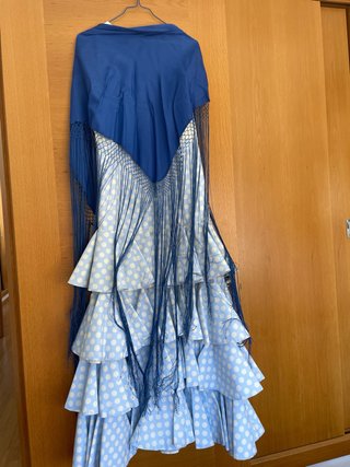 Traje Gitana Lunares Azul Beige