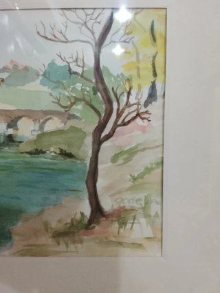Acquerelli paesaggio naturale e vaso con pianta