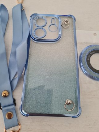 Funda móvil azul con cordón y anillo.Phone note 14