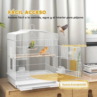 Jaula Pájaros Acero con Perchas y Columpio Blanca