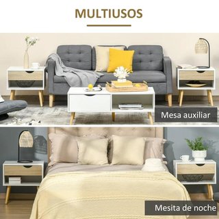 Pack 2 Mesitas Noche Cajón Estante Blanco Roble