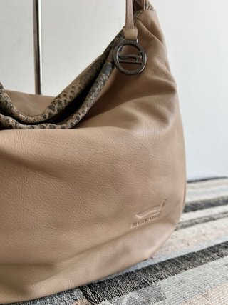 Soft Leather Shoulder Bag Beige Khaki Animal Print