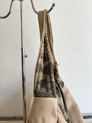 Soft Leather Shoulder Bag Beige Khaki Animal Print