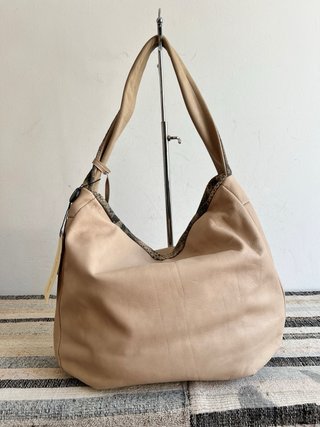 Soft Leather Shoulder Bag Beige Khaki Animal Print