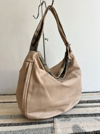 Soft Leather Shoulder Bag Beige Khaki Animal Print