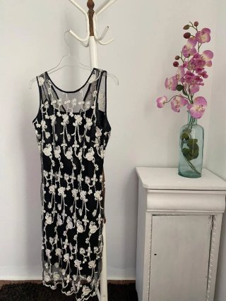 Vestido Negro Encaje Blanco Boda Cóctel
