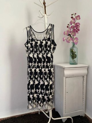 Vestido Negro Encaje Blanco Boda Cóctel