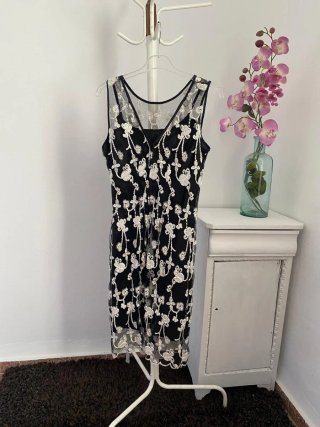 Vestido Negro Encaje Blanco Boda Cóctel