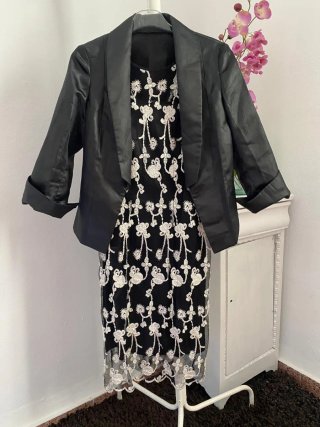 Vestido Negro Encaje Blanco Boda Cóctel