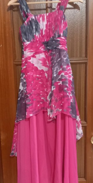 Vestido elegante fucsia y gris