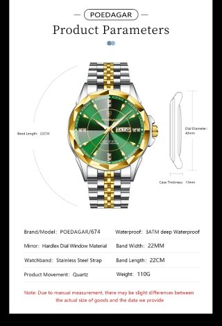 Reloj Poedagar Hombre Oro y Verde