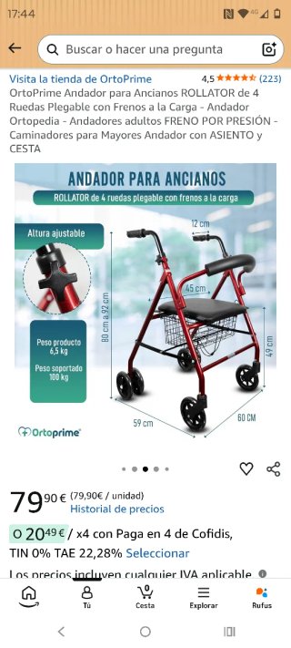 Andador cuatro ruedas, plegable, asiento y cesta