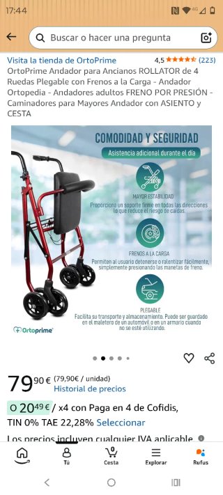 Andador cuatro ruedas, plegable, asiento y cesta