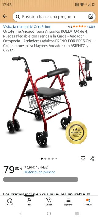 Andador cuatro ruedas, plegable, asiento y cesta