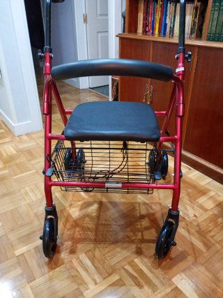 Andador cuatro ruedas, plegable, asiento y cesta