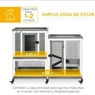 Jaula de madera para conejos, 2 niveles, 6 ruedas