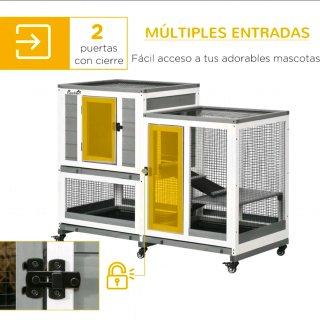 Jaula de madera para conejos, 2 niveles, 6 ruedas